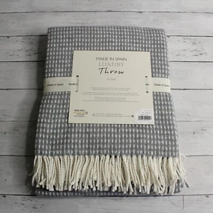 Made in Spain Throw Blanket Gray Cream Woven with Fringe Cotton Blend - Picture 1 of 5