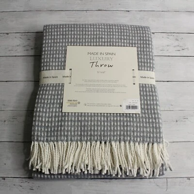 Made in Spain Throw Blanket Gray Cream Woven with Fringe Cotton Blend - Image 1 of 4