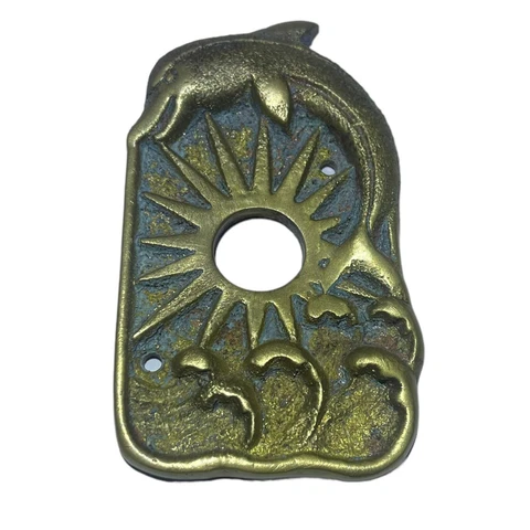 Vintage VTG Brass Dolphin Door Ring Bell Mountable Mount Sun Rays Sea Waves Cover