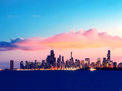 V5586 Chicago Skyline Night Lights Lake Beautiful Decor WALL POSTER PRINT UK - Image 1 of 4