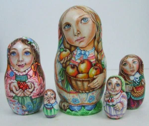 5pc Peint Seulement Un Russe Imbrication Poupée " Filles, Pommes _ Baies ", - Picture 1 of 5