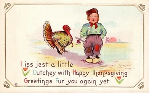 POSTCARD THANKSGIVING TURKEY& LITTLE DUTCH BOY EMBOSSED - Picture 1 of 2