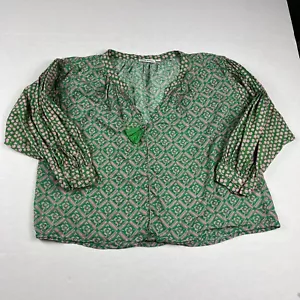 Roller Rabbit Peasant Top Cotton Geometric Fringe Tie Boho Shirt Loose Fit SMALL - Picture 1 of 10