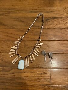 Costume Jewelry 18” Rose Gold Necklace With Blue Stone And Silver Earrings