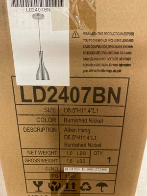 Elegant Lighting LD2407BN Aiken 6" Wide Pendant - Burnished Nickel - Image 1 of 3