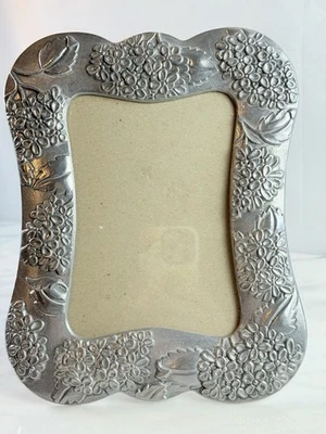 Pewter Picture Frame Embossed Sculpted Flowers And Leaves Scalloped Edges 5x7 - Image 1 of 4