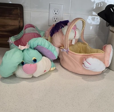 2 cestas de Páscoa vintage anos 80 de náilon coelho paraquedas pastel puffalump - Imagem 1 de 4