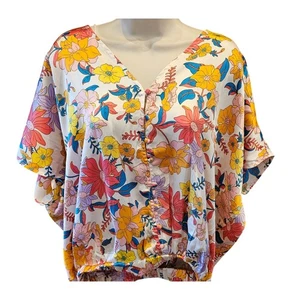 Willow & root colorful floral Batwing v neck satin cottagecore S button front - Picture 1 of 10