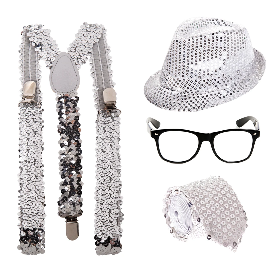 Sequin Sparkle Geek Fancy Dress Kit - Glasses + Hat + Tie + Braces - Silver - Image 1 of 1