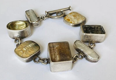 Vintage Echo of the Dreamer Sterling Silver Pearl Quartz Link Toggle Bracelet - Image 1 of 4