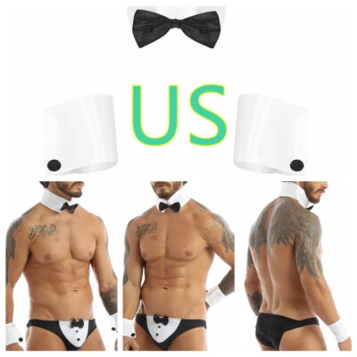 Mens Stripper Costume Set Tuxedo Collar Bow Tie Chippendale Kit Clubwear - Image 1 of 4
