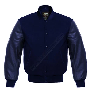 Chaqueta de bombardero de béisbol universitaria para hombre mangas de lana y cuero real azul marino liso - Imagen 1 de 6