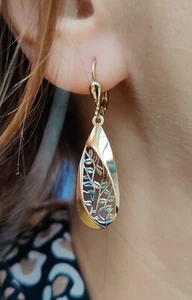 Solid Drop Dangly Earrings 9ct Yellow Gold Leverback Hallmarked Tree Pattern - Picture 1 of 11