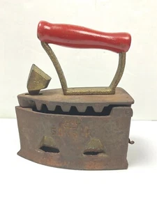 Antique *San-Bar* Clothes Coal Flat Iron Red Wood Handle Primitive Decor Vintage - Picture 1 of 12