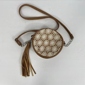 Justice Circle Purse Brown Faux Leather with Bohemian Boho Lace Design 6" x 2" - Picture 1 of 12