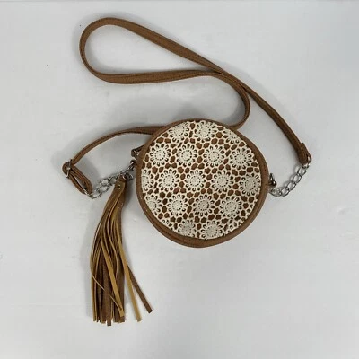 Justice Circle Purse Brown Faux Leather with Bohemian Boho Lace Design 6" x 2" - Image 1 of 4