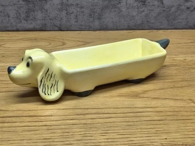 Ceramic Yellow Weiner Dog Dachshund Saltine Cracker Holder Tray Trinket Dish 10" - Image 1 of 4