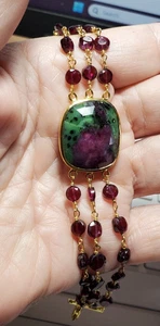 Sterling Silver Genuine Raw Ruby & Rubies 3 Row Beaded Bracelet 7-8.5" - Picture 1 of 4