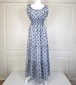 Max Studio Dress LG Blue White Sleeveless Maxi Smocked Tiered Floral Cottagecore - Picture 1 of 16