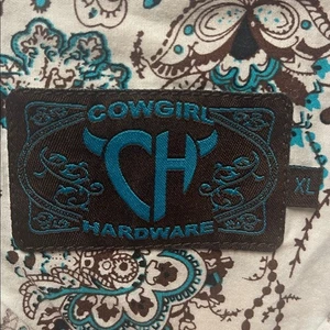 Cowgirl Hardware Damen XL Pearl Snap Teal mit braun-weißem Langarm - Bild 1 von 8
