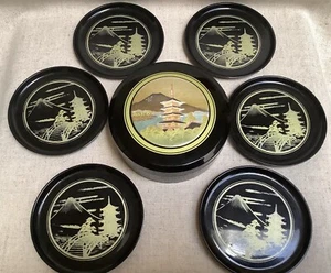 Vintage Black Lacquer Oriental Mt Fugi Pagoda Coasters Set of 6 in Storage Box - Picture 1 of 7