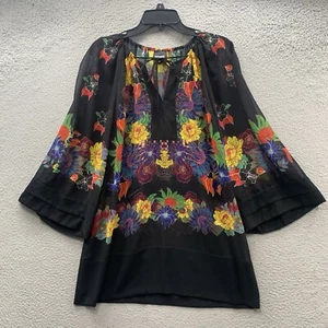 Just Cavalli Top Bluse Shirt 3/4 ausgestellte Ärmel schwarz Blumen Schlitz Ausschnitt Gr. 42 - Bild 1 von 16