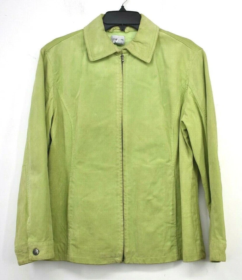 Chaqueta de cuero informal de ajuste cómodo manga larga verde cremallera completa Chico's para mujer 2 Foto 1 de 4