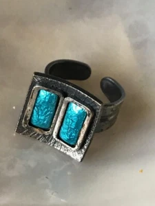 Vintage Nonmagnetic Silver Aqua Blue Enamel MODERNIST Adjustable Ring Currently - Bild 1 von 10