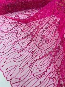 Hot Pink Fashion Design Beads and Sequins, Luxury Beaded Embroidered Fabric - Picture 1 of 4