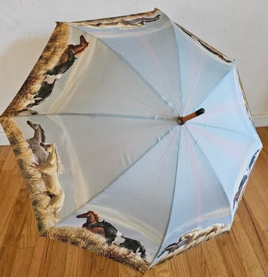 Vintage 1990s Salamander Graphix HORSES Cloth Fashion Umbrella Wood Cane Handle - Image 1 of 4