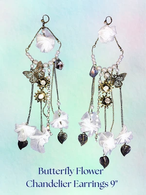 Chandelier Earrings Butterfly Flower Rhinestone Crystal Faux Pearl 9" Long 7795 - Image 1 of 4