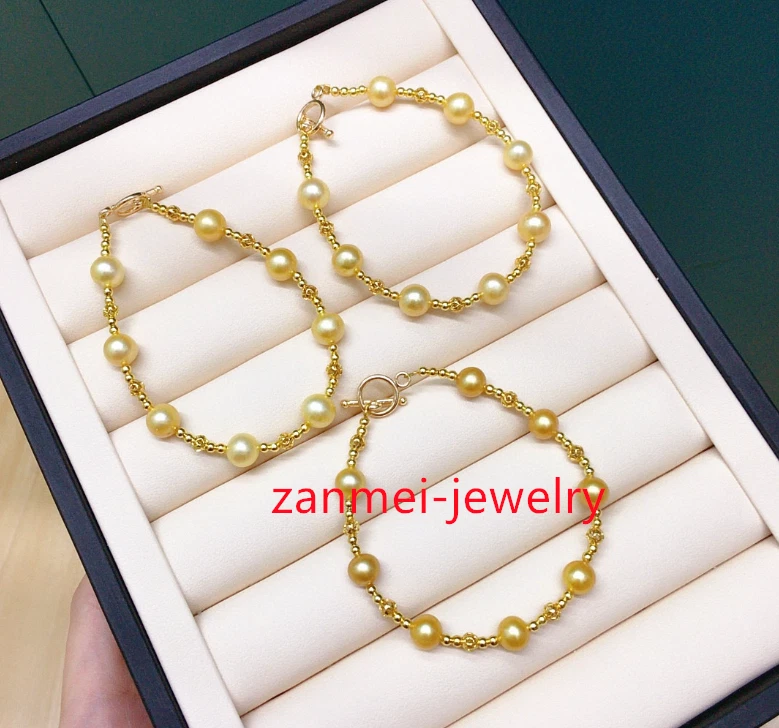 Настоящий натуральный 9-8 мм круглый подлинный золотой южного моря жемчуг браслет 14K золото P 7,5-8» - Изображение 1 из 4