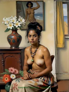 Jarrón mujer sentada de Tahití margaritas 8,5x11" estilo impresión fotográfica arte Fortuny/Harker - Imagen 1 de 1