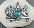 Three Owls Perched On Branch Pendant Silver Metal Faux Turquoise Rhinestone Eyes
