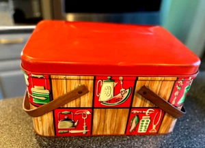 1950'S Vintage Decoware Tin Litho Picnic Basket - Picture 1 of 10