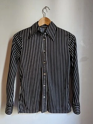 Vintage 70s black white striped dagger collar button down shirt XS - Image 1 of 4