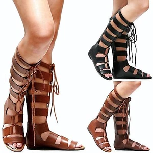 New Women SRe Tan Black Strappy Gladiator Knee High Tall Sandals 6 to 11 - Picture 1 of 12