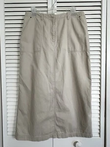 Lauren Ralph Lauren Khaki Beige Maxi Skirt Denim Pockets Size 12 Cottage Safari - Picture 1 of 9