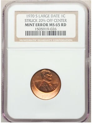 ER018 1970-S 1C Large Date, Lincoln Cent -- Struck 20% Off Center -- NGC MS65 RB - Image 1 of 2