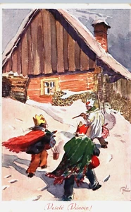 Merry Christmas People Walking in the Snow Vintage Postcard B146 - Picture 1 of 2
