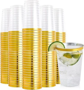 200 Pack 12 oz Gold Rimmed Cups Plastic Tumblers Disposable Hard Plastic Cups - Picture 1 of 7