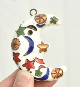2.8" Old Chinese Cloisonne Enamel Copper Dynasty White Moon Amulet Pendant - Picture 1 of 6