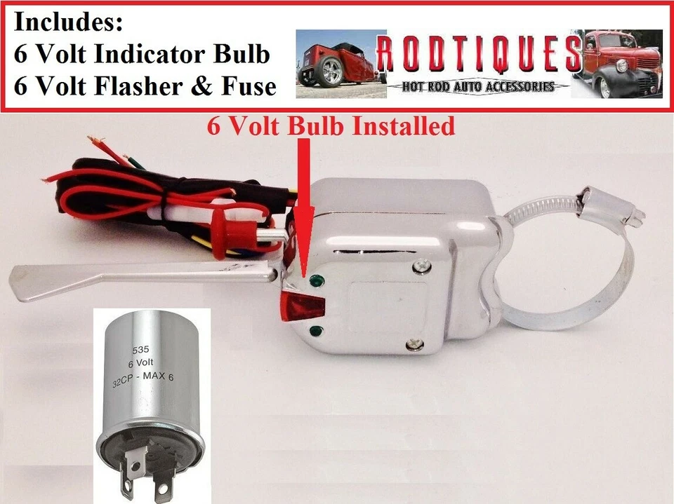 6 Volt Turn Signal Switch, Bulb & Flasher Are 6 Volt, Not 12v Clamps to Column-F - Imagem 1 de 1