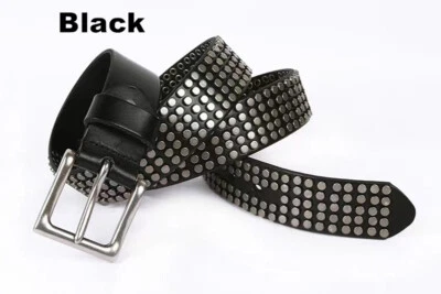 Real Leather Waist Belt Heavy Metal Silver Rivet Studded Unisex Punk Waistband - Image 1 of 4