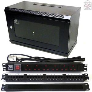 6U 300mm Black Data Cabinet + C5e Patch Panel, PDU, Brush Bar Network Comms Rack - Picture 1 of 4