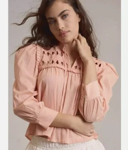 Anthropologie Self Contrast Puff Sleeve Blouse Papaya Pink M - Picture 1 of 13