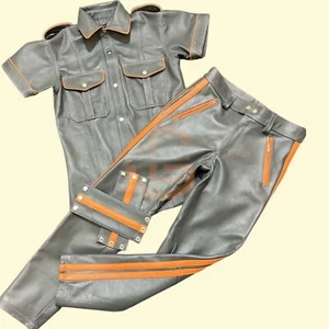 Men's Gray Leather Military Uniform Set Orange Lined Style Real Cowhide Leather - Picture 1 of 3