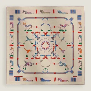 NEW Hermès Eperon d'Or et Tenues de Jour Shawl 140 in Naturel / Rose / Bleu - Picture 1 of 22