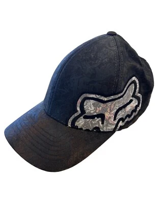 Vintage Fox Racing Motocross Ajuste Flexível. Logotipo.  Preto. S/M, algodão. Aba curva. - Imagem 1 de 4
