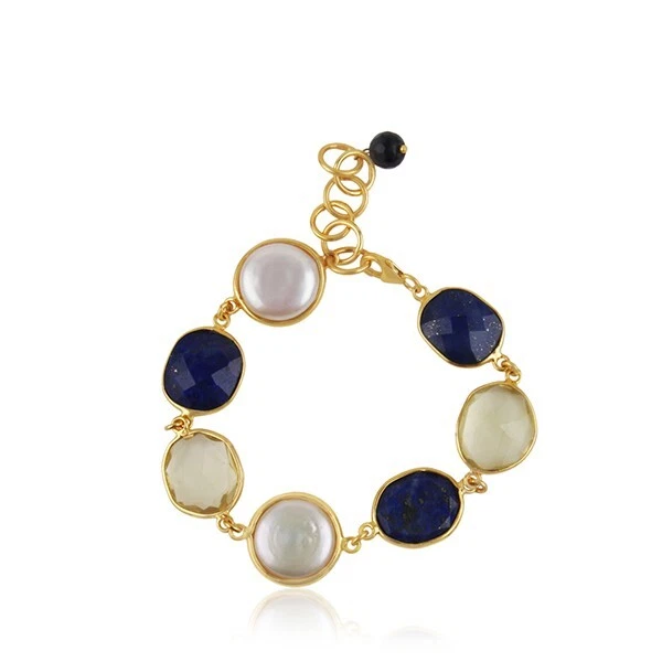Water Pearl, Lapis, Lemon Topaz & Black Onyx Wrist Bracelet With 18K Gold Plated - Image 1 of 4